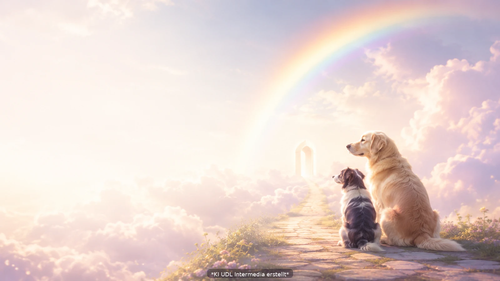 Zwei echtaussehende Hunde an einem himmlischen Weg unter der Regenbogenbrücke – Fragen und Antworten zum Hundehimmel