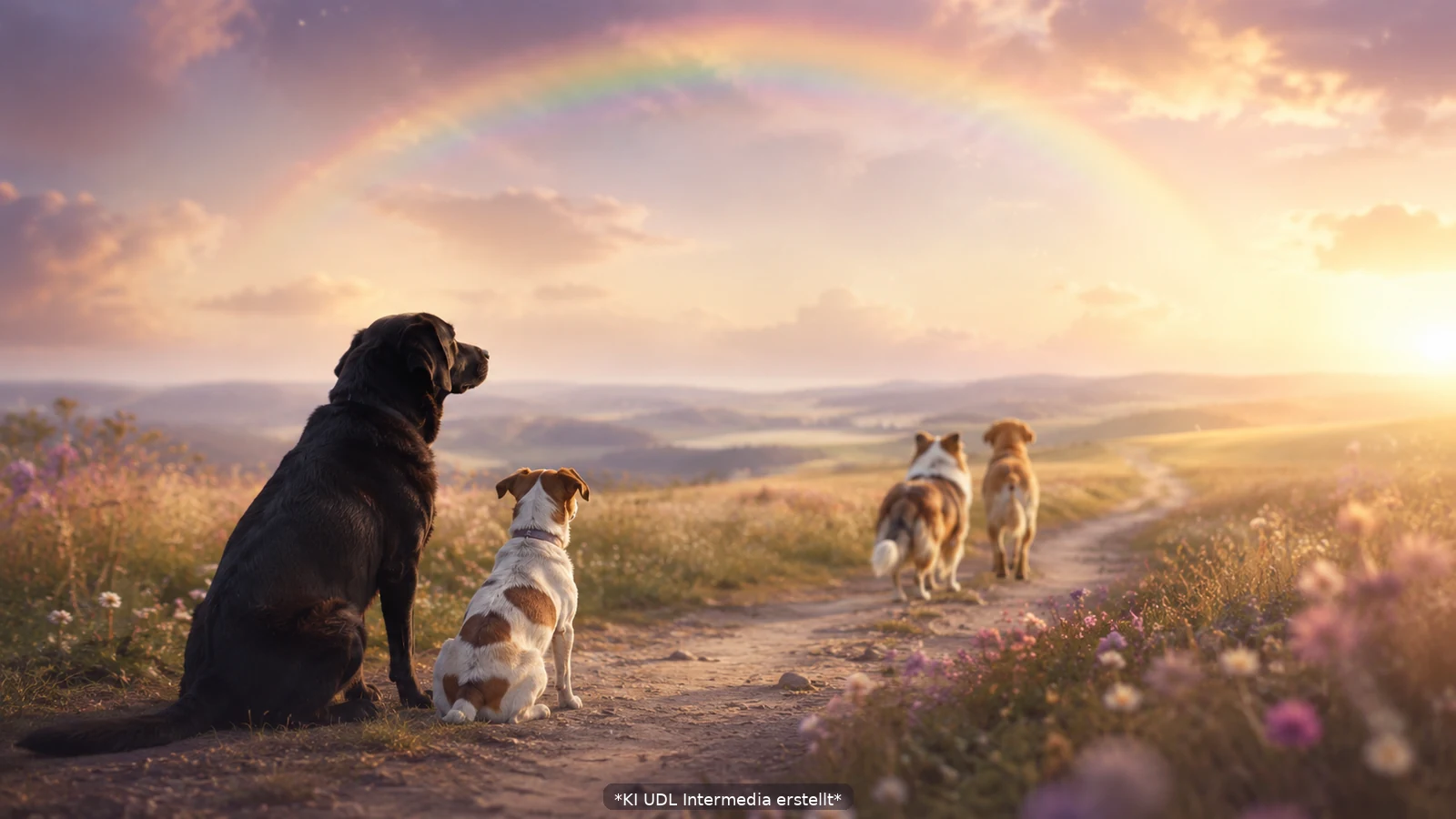 Echtaussehende Hunde auf einem Weg unter einem leuchtenden Regenbogen – Geschichten und Erinnerungen im Hundehimmel