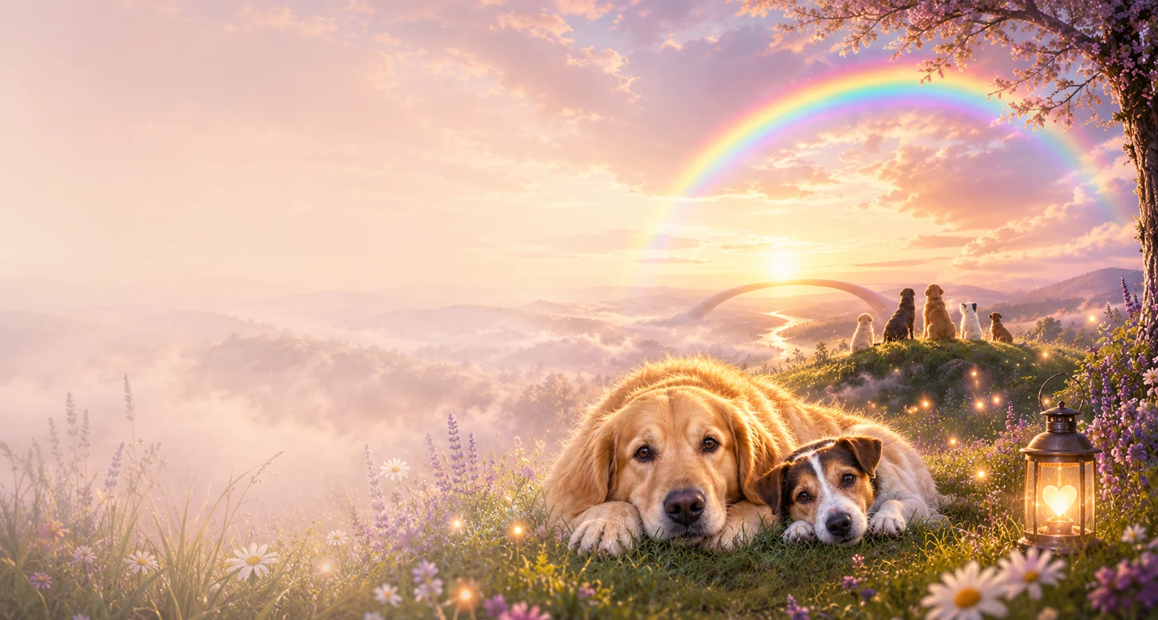 Zwei realistisch wirkende Hunde auf einer Blumenwiese unter einem leuchtenden Regenbogen im Hundehimmel – Regenbogenbrücke, Gedenklicht und Erinnerung