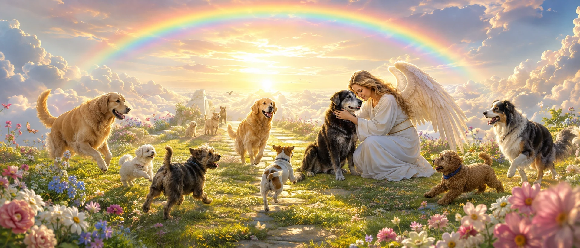 Himmlische Spielwiese mit Regenbogen, vielen Hunden und einer liebevollen Begrüßung im Hundehimmel